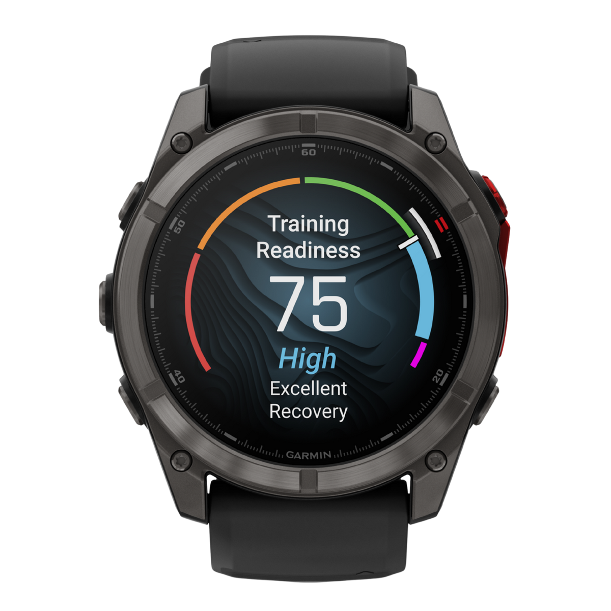 Garmin Fenix multisport GPS smartwatch with black silicone performance strap, dark titanium-style case, and bold digital training display with red accent detailing shown in angled front view