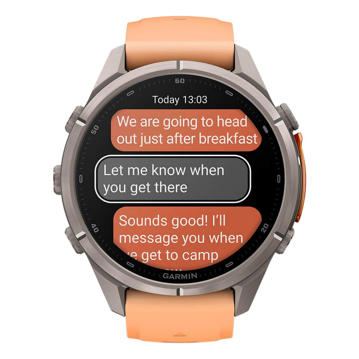 Garmin fēnix 9 Pro inReach 43mm Titanium Orange Strap Smartwatch Showing Message Function 