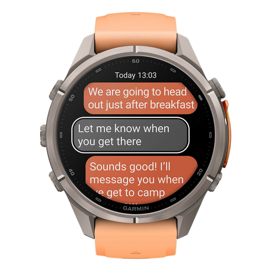 Garmin fēnix 9 Pro inReach 43mm Titanium Orange Strap Smartwatch Showing Message Function 