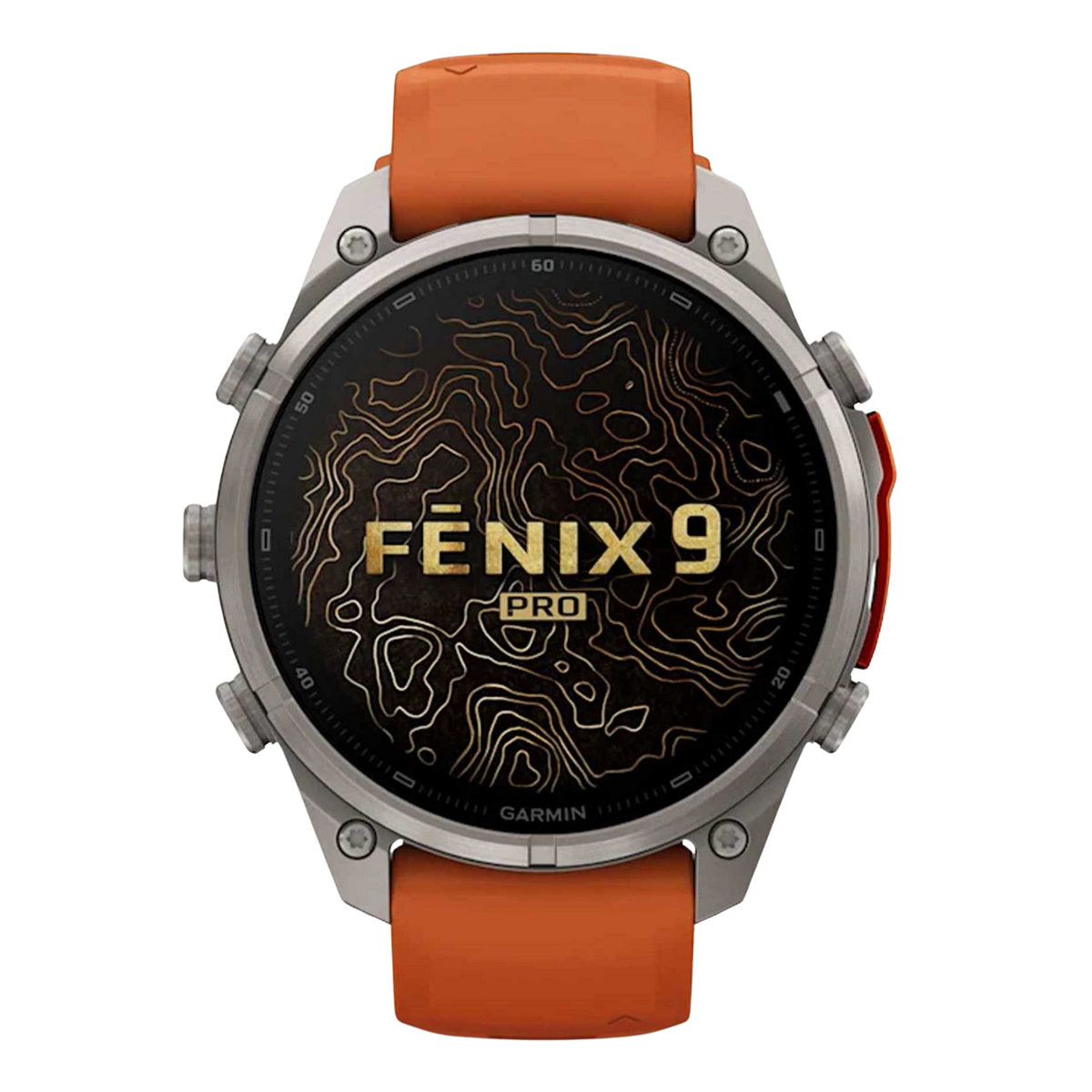 Garmin fēnix 9 Pro inReach 47mm, featuring titanium construction, sapphire crystal, AMOLED display and a vibrant orange silicone strap.