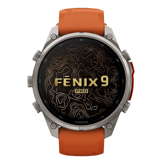 Garmin fēnix 9 Pro inReach 47mm, featuring titanium construction, sapphire crystal, AMOLED display and a vibrant orange silicone strap.