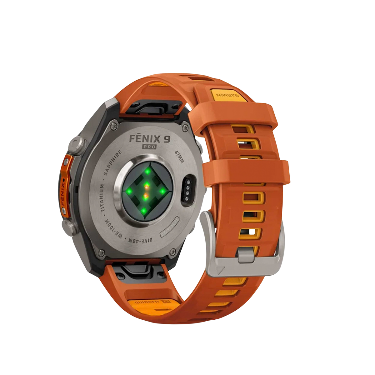 Finished with a distinctive orange silicone strap and water-resistant to 100 metres, it combines advanced Garmin technology with premium materials.