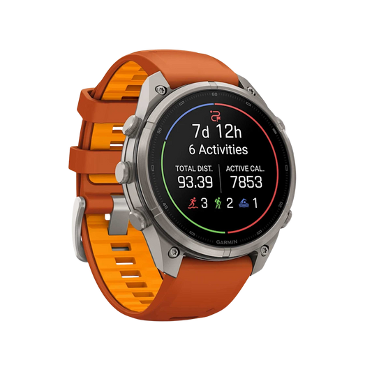Garmin fēnix 9 Pro inReach combining a 47mm titanium case with sapphire crystal, a bright AMOLED display and distinctive orange silicone strap.