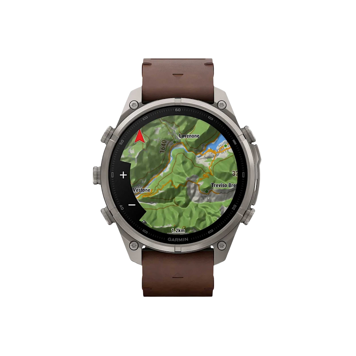 Front view of Garmin fēnix 9 Pro inReach 47mm Walnut Strap Smartwatch