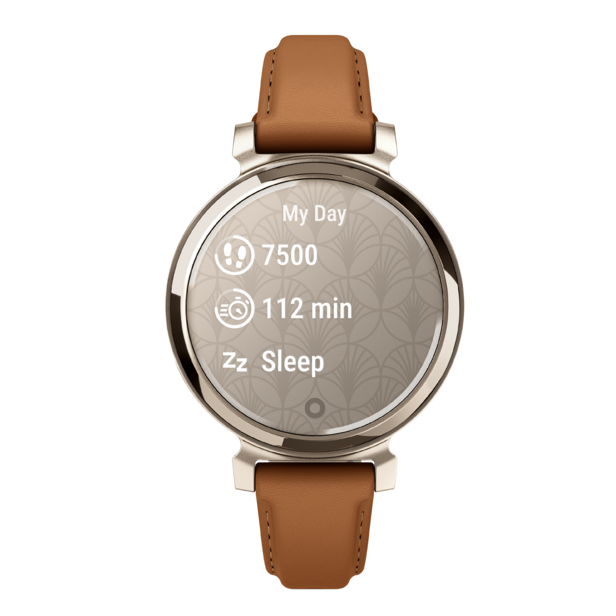 Garmin Lily 2 Classic Smartwatch with cream gold aluminium case, patterned touchscreen display and elegant tan leather strap.