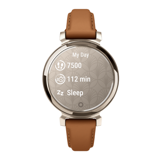 Garmin Lily 2 Classic Smartwatch with cream gold aluminium case, patterned touchscreen display and elegant tan leather strap.