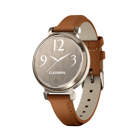 Garmin Lily 2 Classic ladies smartwatch featuring a compact 35.4mm cream gold case, tan leather strap and advanced health tracking.
