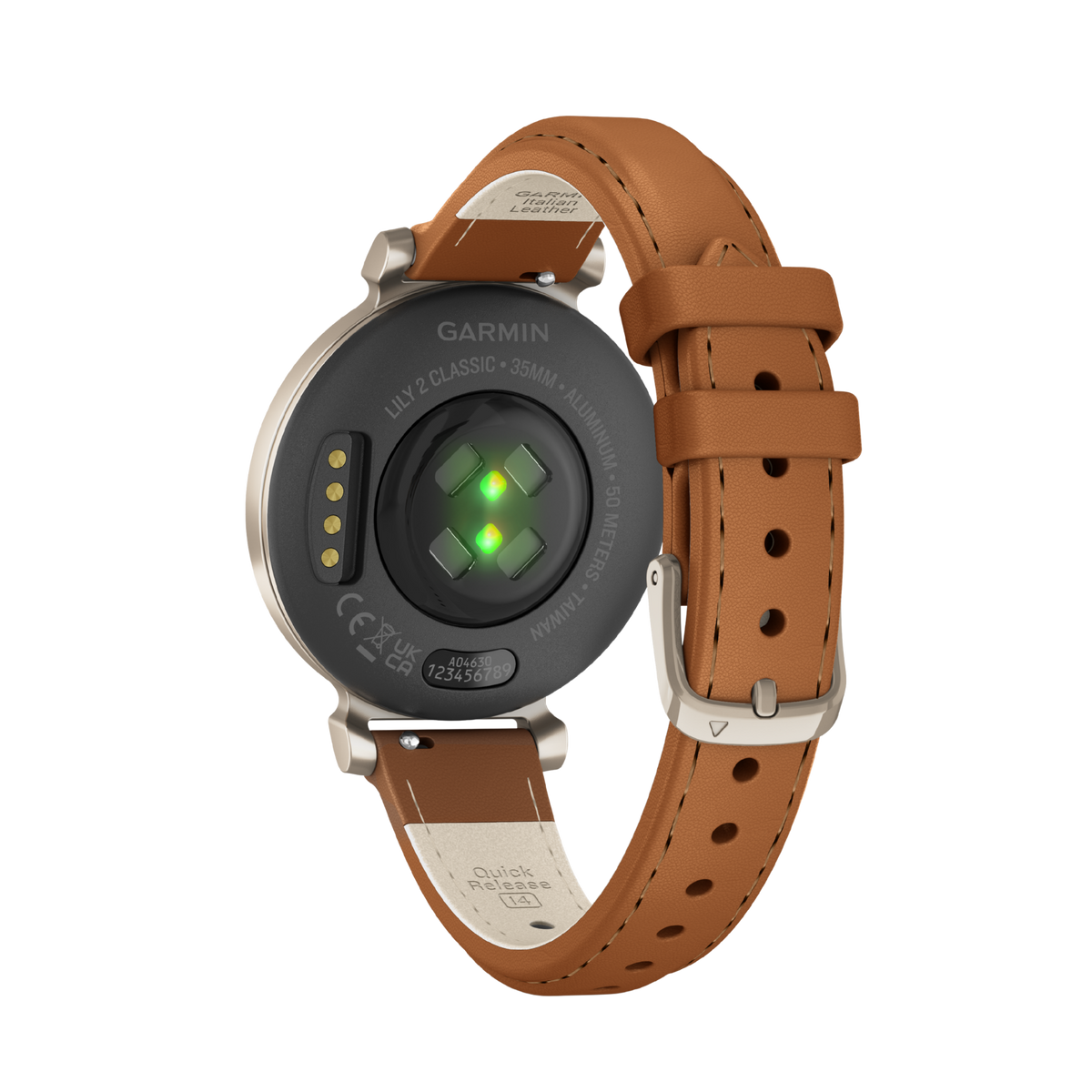 Garmin Lily 2 Classic cream gold smartwatch with jewellery-inspired design, tan leather strap and Garmin health and fitness features.