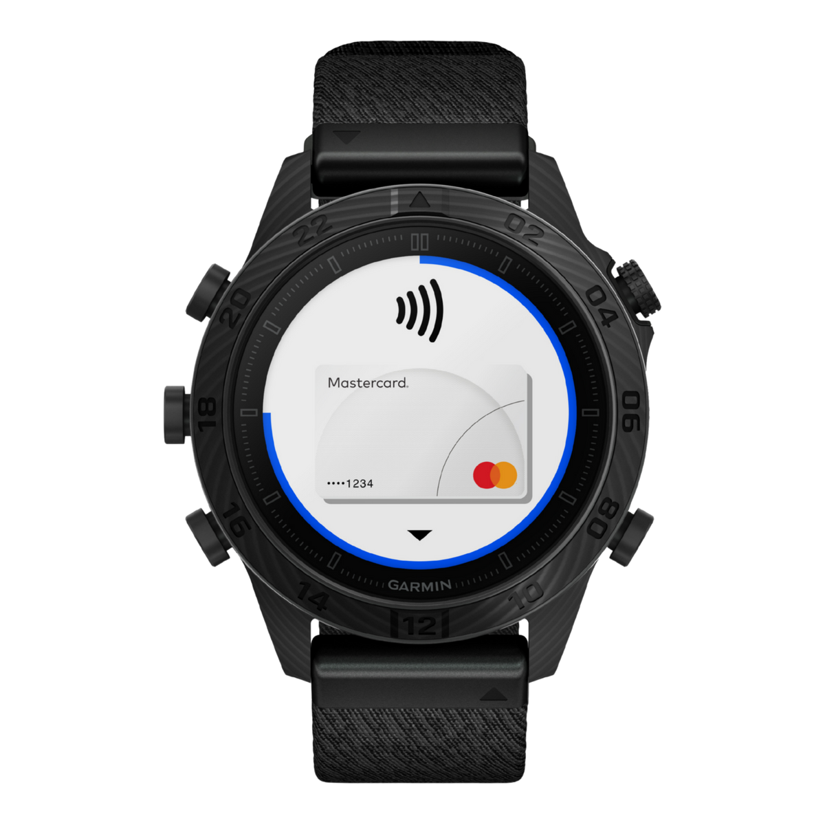 Garmin MARQ Carbon smartwatch with black AMOLED display, forged carbon case, dark textured strap, and stealth-inspired gold-tone display accents shown in angled front view
