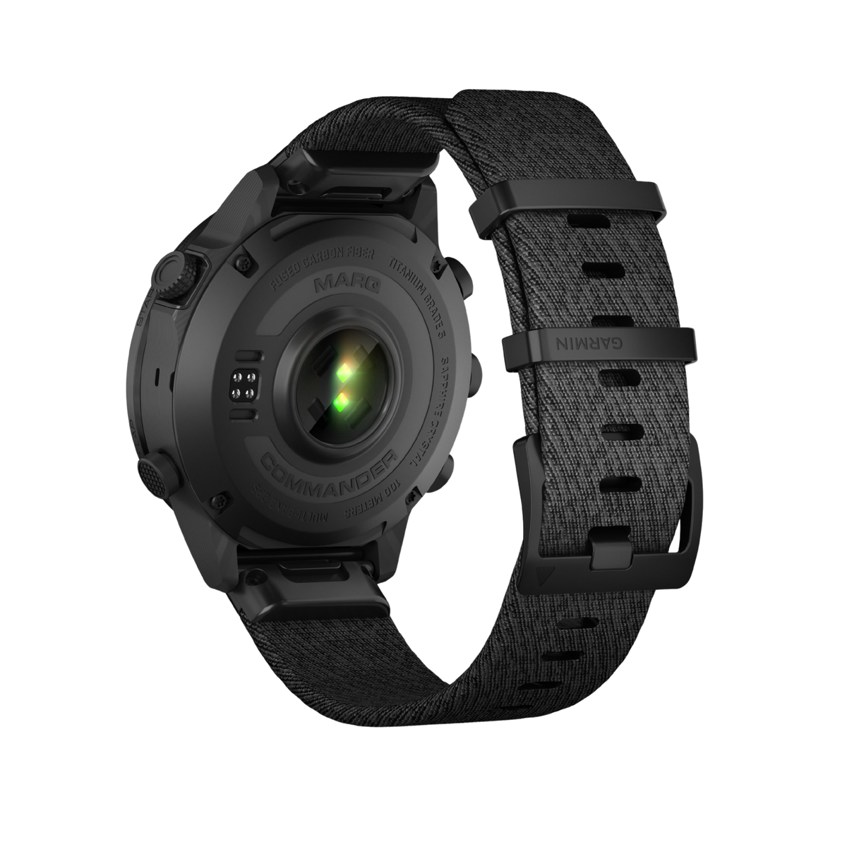 side profile of the Garmin smartwatch highlighting the lightweight forged carbon construction, engraved bezel detailing, and rugged luxury sports-watch design

