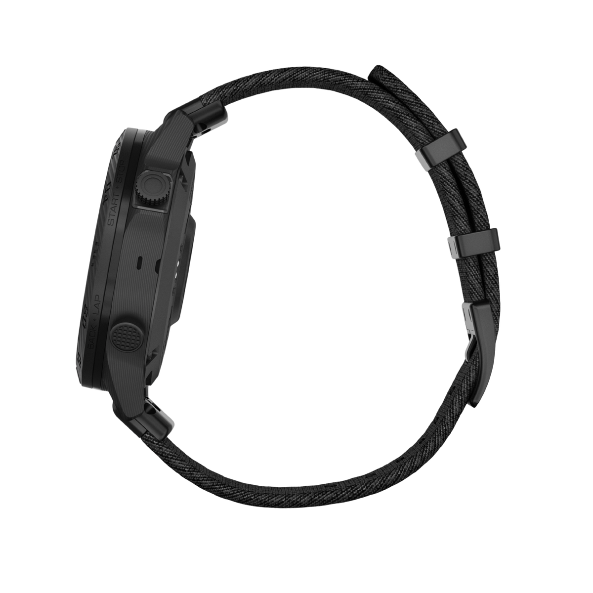 rear case and strap fastening view displaying the integrated sensor housing, durable performance strap construction, and secure buckle fastening system for active wear
