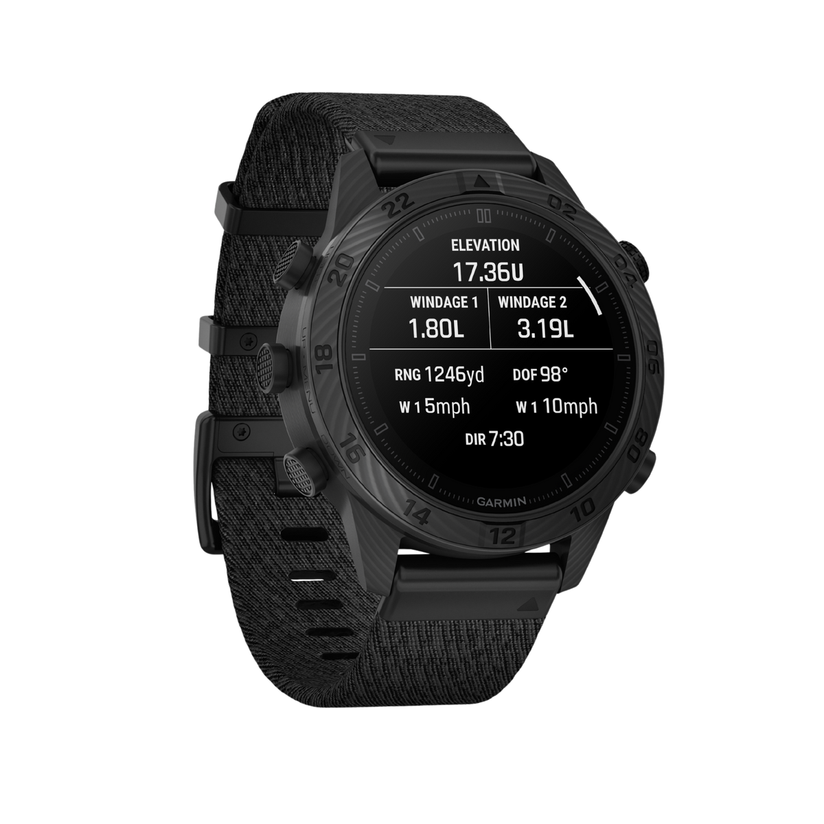 side angle of the Garmin MARQ Carbon smartwatch showcasing the textured control crown, performance pushers, and lightweight carbon case detailing engineered for advanced outdoor and fitness tracking
