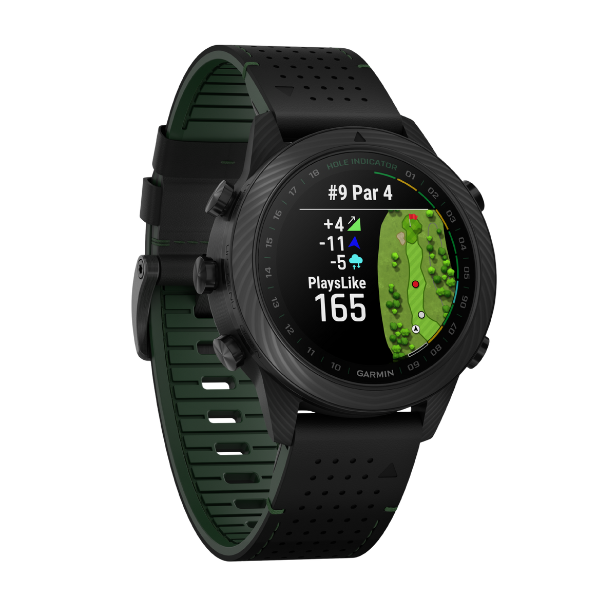 side profile of the Garmin smartwatch highlighting the lightweight forged carbon construction, slim athletic case design, and perforated performance strap built for comfort during activity
