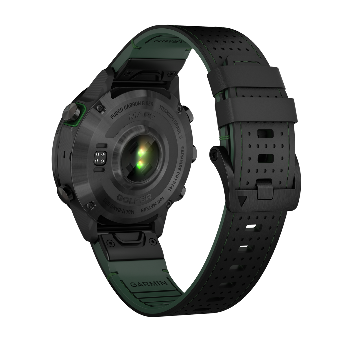 rear case and strap fastening view displaying the integrated sensor housing, ventilated rubber strap construction, and secure buckle fastening system designed for all-day sports wear
