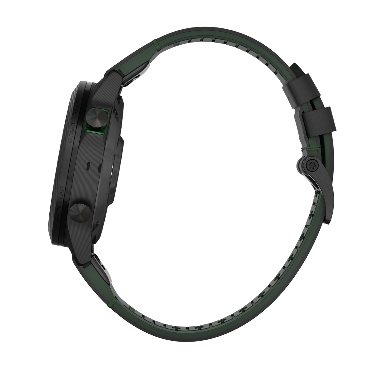 side angle of the Garmin MARQ Fused Carbon smartwatch showcasing the textured control crown with green accent detailing, multiple performance pushers, and rugged carbon case engineered for advanced golf and fitness tracking
