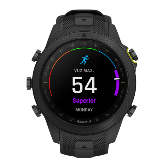 Garmin MARQ Fused Carbon smartwatch with AMOLED touchscreen display, forged carbon case, black performance strap, and VO2 Max fitness tracking interface shown in front view
