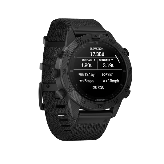 side profile of the Garmin smartwatch highlighting the lightweight forged carbon construction, textured bezel detailing, and rugged performance-focused sports-watch design

