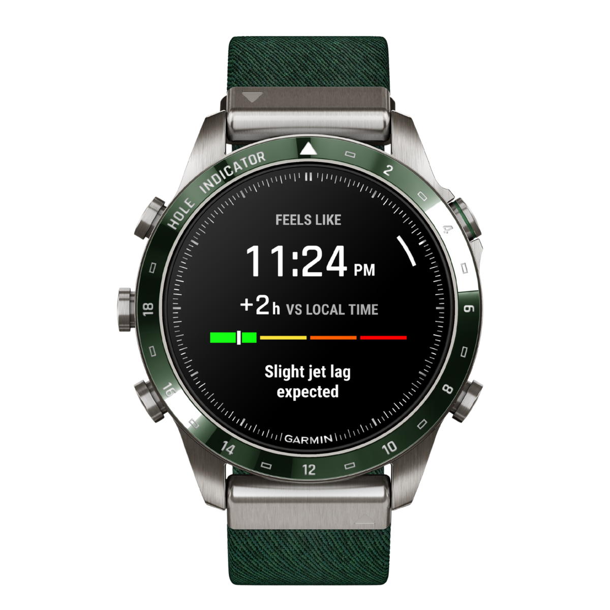 Garmin MARQ Adventurer Gen 2 smartwatch with AMOLED touchscreen display, green compass bezel, titanium case, and green woven strap featuring the jet lag adviser interface