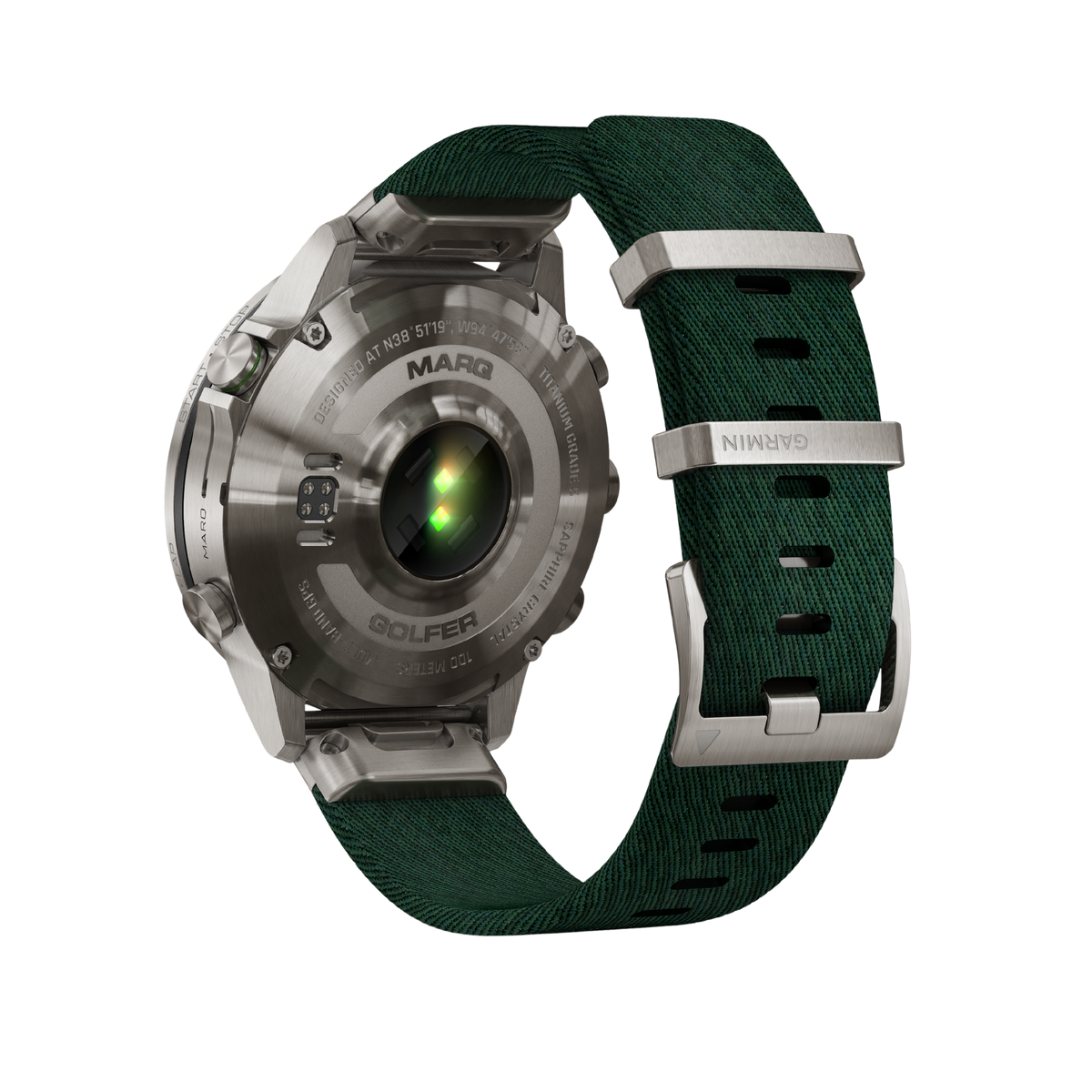 side angle of the Garmin MARQ smartwatch showcasing the textured crown, multiple control pushers, and durable titanium case detailing engineered for navigation and outdoor performance
