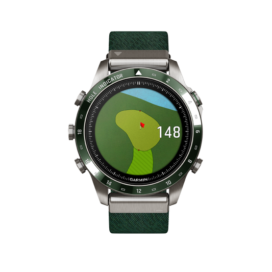 side profile of the Garmin smartwatch highlighting the brushed titanium case construction, slim bezel design, and rugged outdoor-focused build quality
