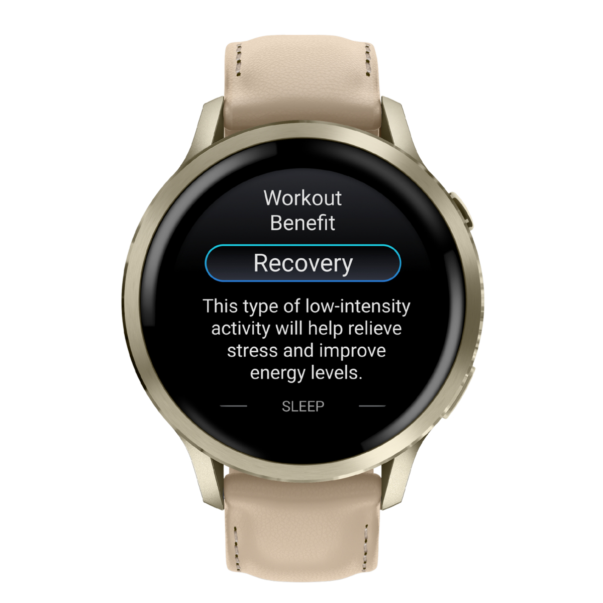 Garmin smartwatch with champagne gold-tone case, minimalist analogue-style digital display, and beige leather strap shown in angled front view with elegant everyday styling
