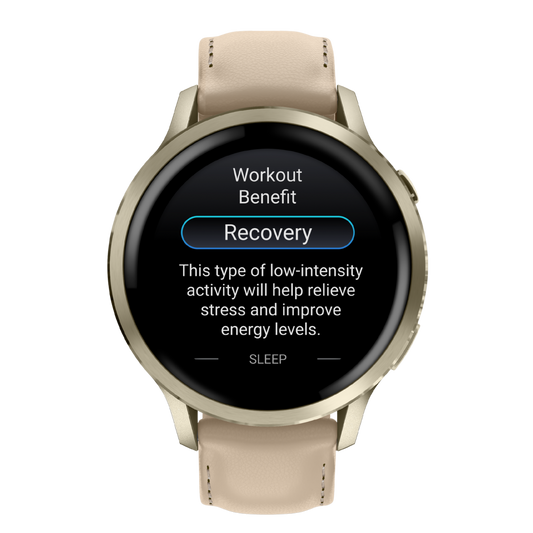 Garmin smartwatch with champagne gold-tone case, minimalist analogue-style digital display, and beige leather strap shown in angled front view with elegant everyday styling

