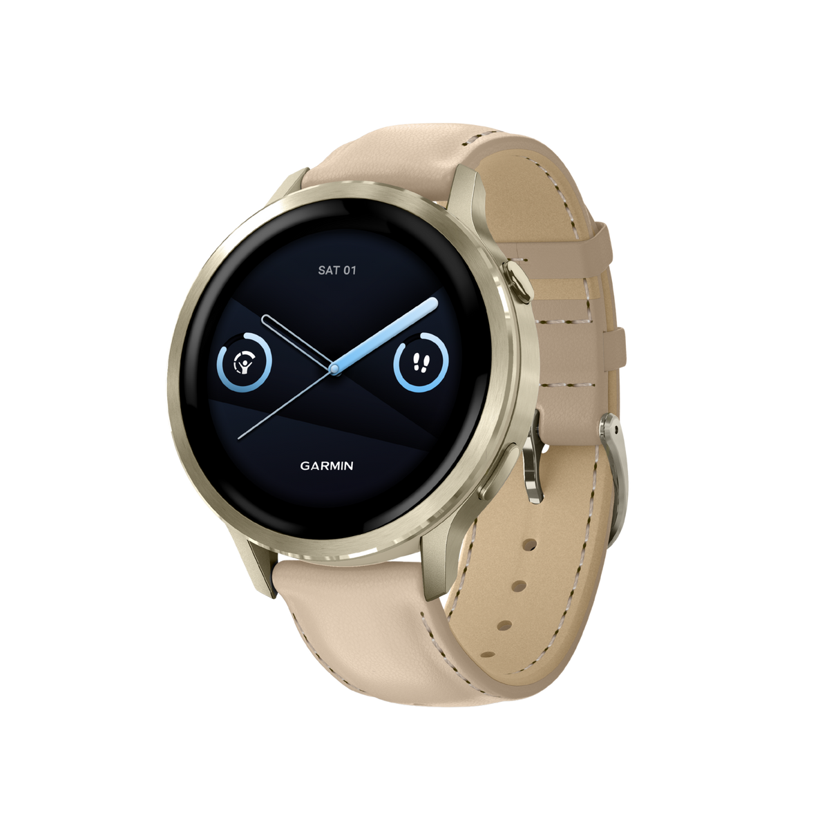 side profile of the Garmin smartwatch highlighting the slim polished case, subtle control button detailing, and soft beige leather strap for lightweight all-day comfort
