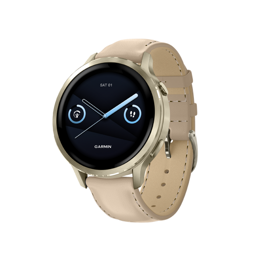 side profile of the Garmin smartwatch highlighting the slim polished case, subtle control button detailing, and soft beige leather strap for lightweight all-day comfort
