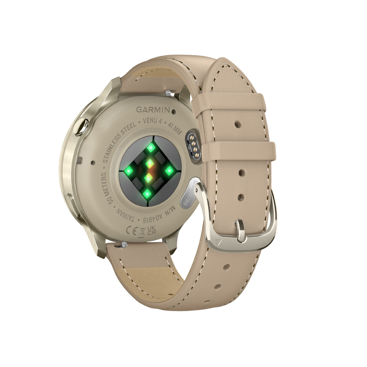rear view of the Garmin smartwatch displaying the leather strap fastening system, stainless steel buckle clasp, and integrated smart health tracking sensor layout

