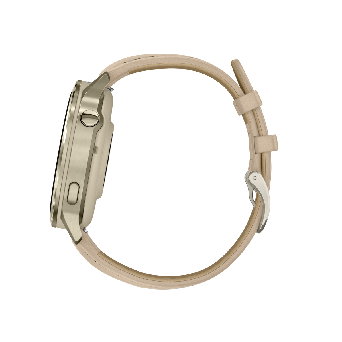 detailed side angle of the Garmin smartwatch showcasing the streamlined case shape, discreet side button controls, and refined leather strap connection for a clean modern finish
