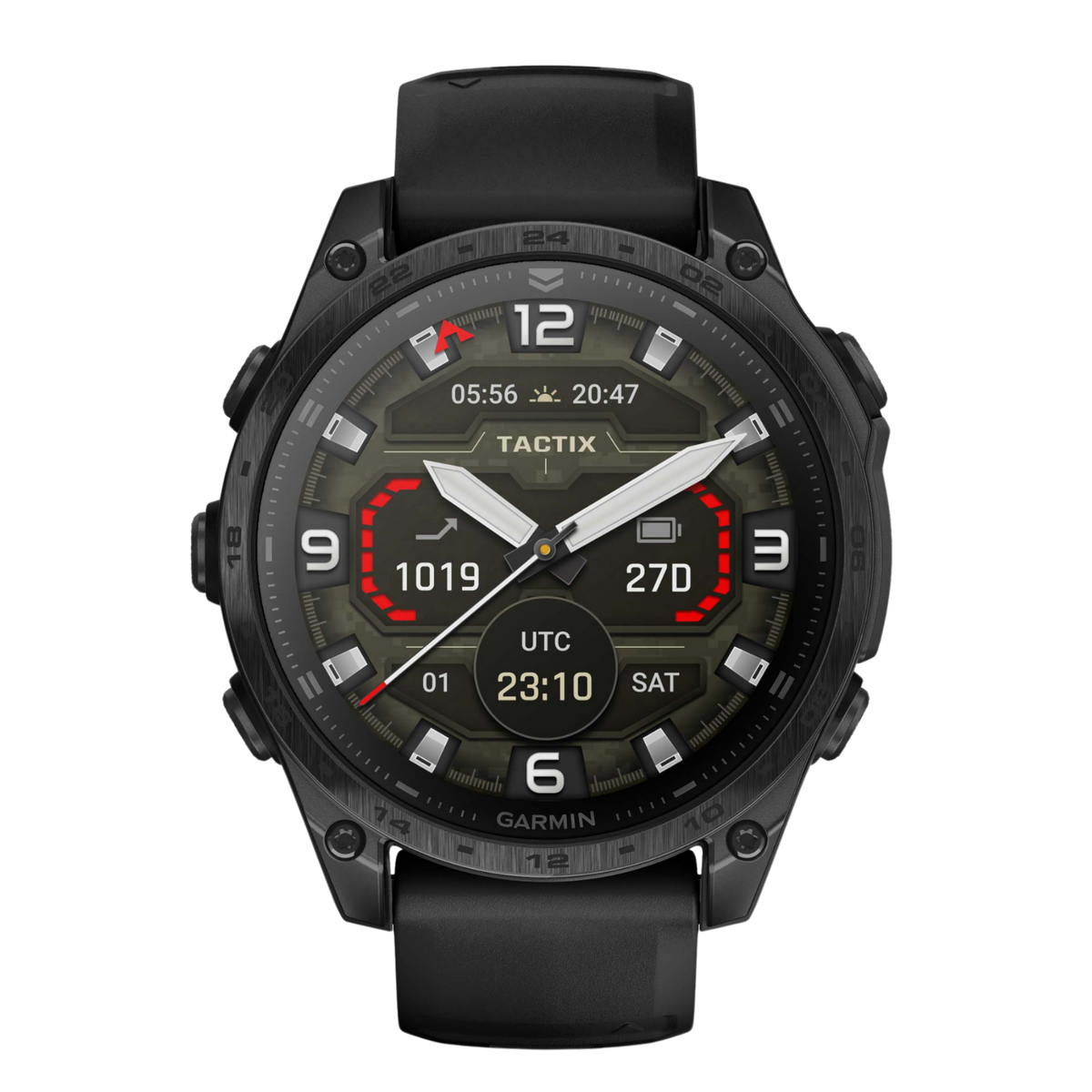 Garmin Tactix tactical GPS smartwatch with black performance strap, rugged stealth-inspired case, and mission-focused digital display shown in angled front view