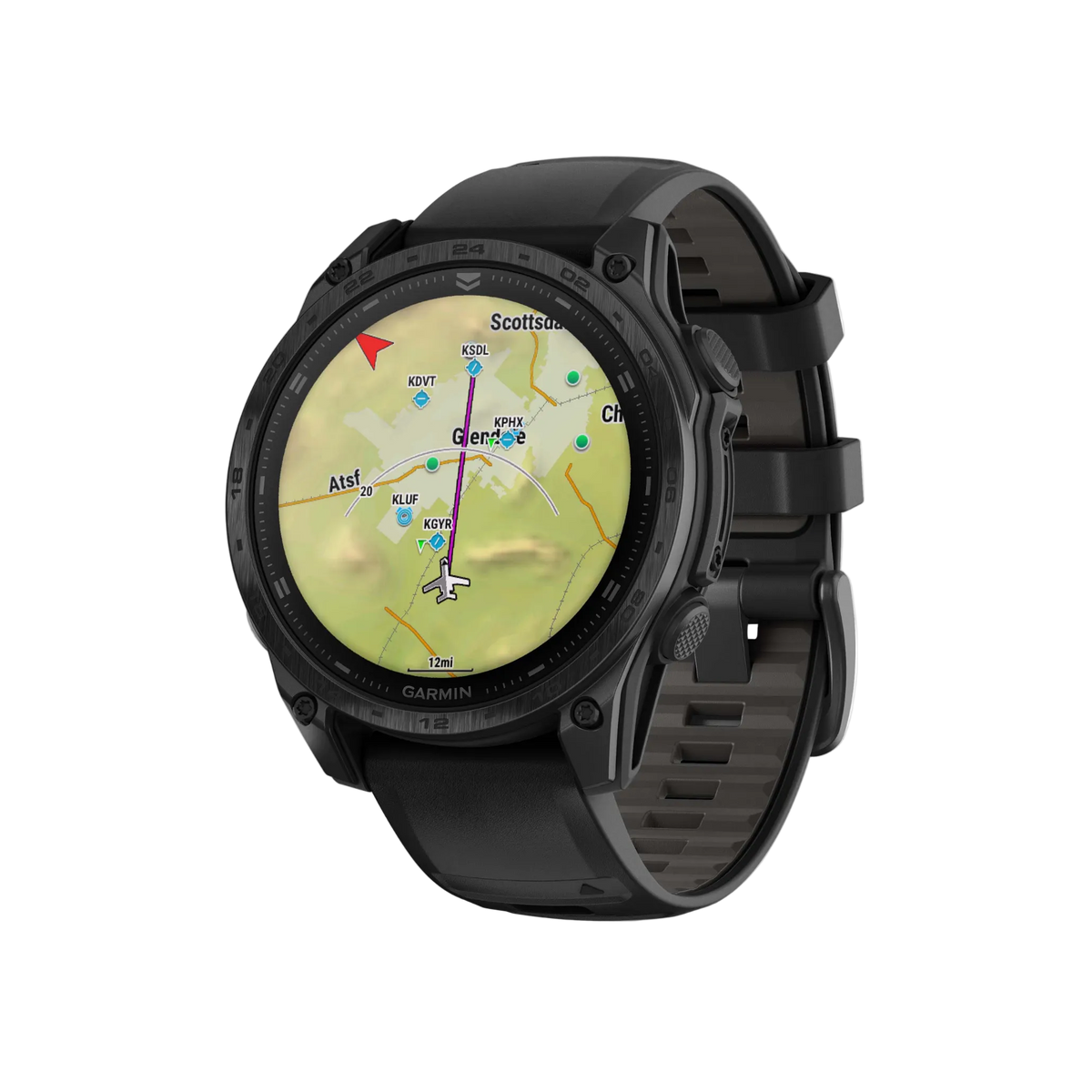 side profile of the Garmin Tactix smartwatch highlighting the reinforced tactical case construction, textured pushers, and durable black silicone strap built for demanding environments

