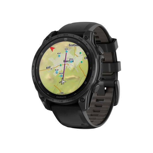 side profile of the Garmin Tactix smartwatch highlighting the reinforced tactical case construction, textured pushers, and durable black silicone strap built for demanding environments
