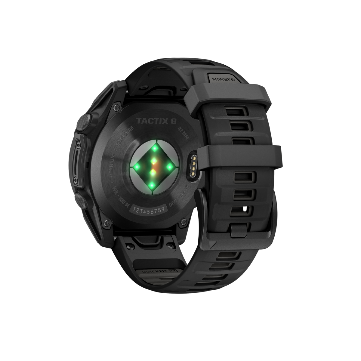 rear view of the Garmin Tactix smartwatch displaying the secure buckle fastening, integrated smart health and activity sensors, and flexible ventilated sports strap design
