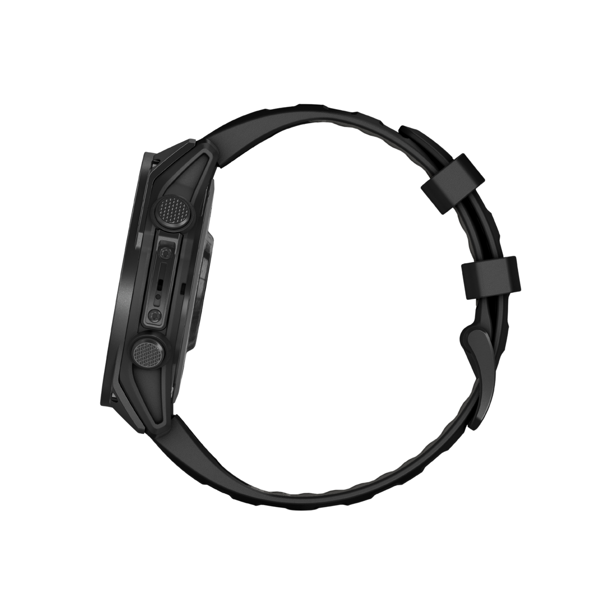 detailed side angle of the Garmin Tactix smartwatch showcasing the exposed control pushers, protective crown guards, and rugged military-inspired case detailing designed for tactical performance
