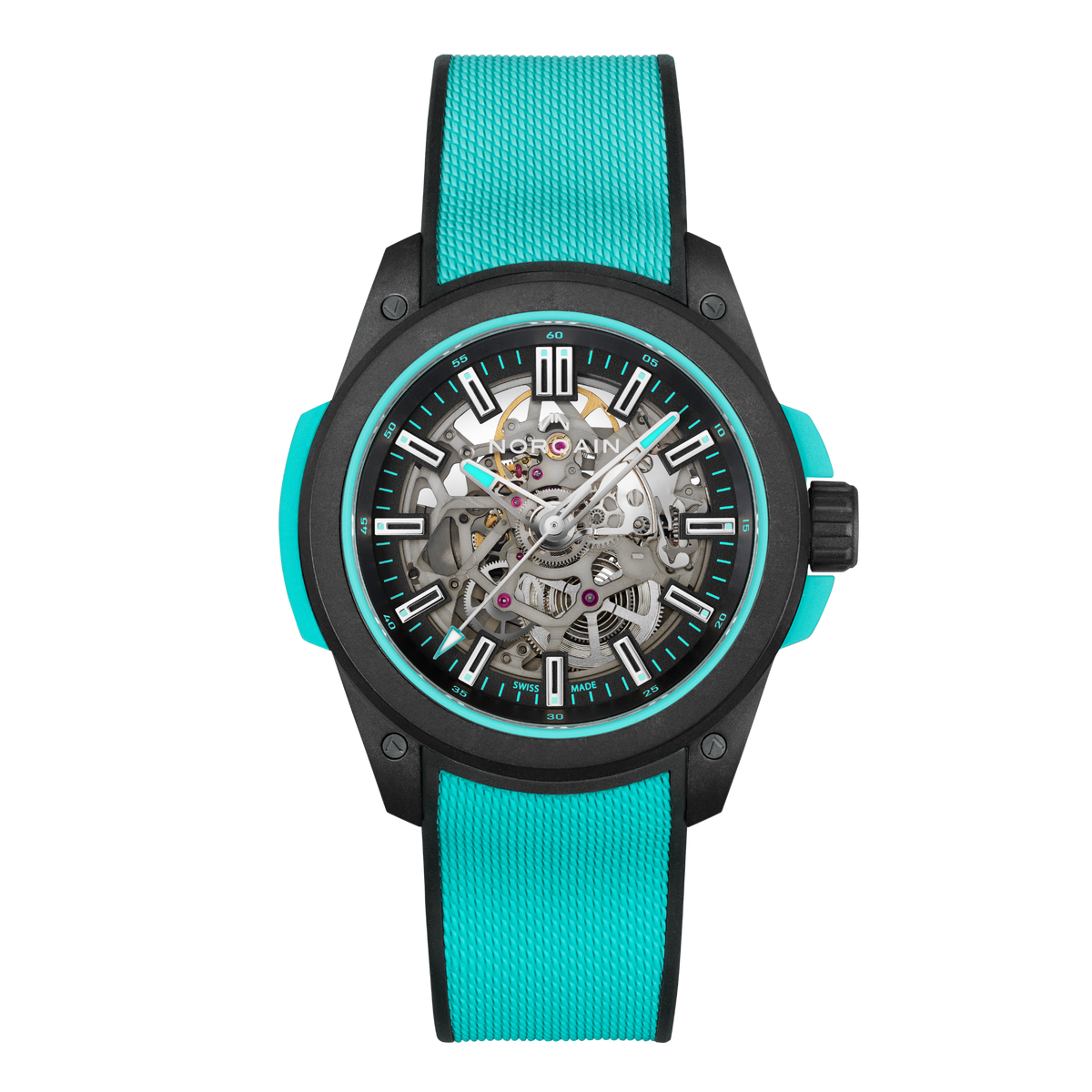 Front view of the Norqain Independence Skeleton Watch featuring a black case, turquoise rubber strap, open-worked dial and visible Swiss automatic movement.