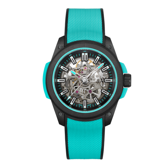 Front view of the Norqain Independence Skeleton Watch featuring a black case, turquoise rubber strap, open-worked dial and visible Swiss automatic movement.