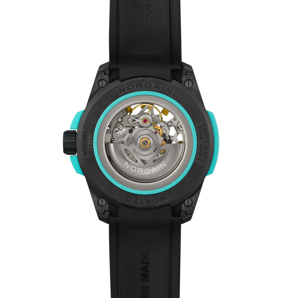 Back view of a black watch with turquoise accents on a white background