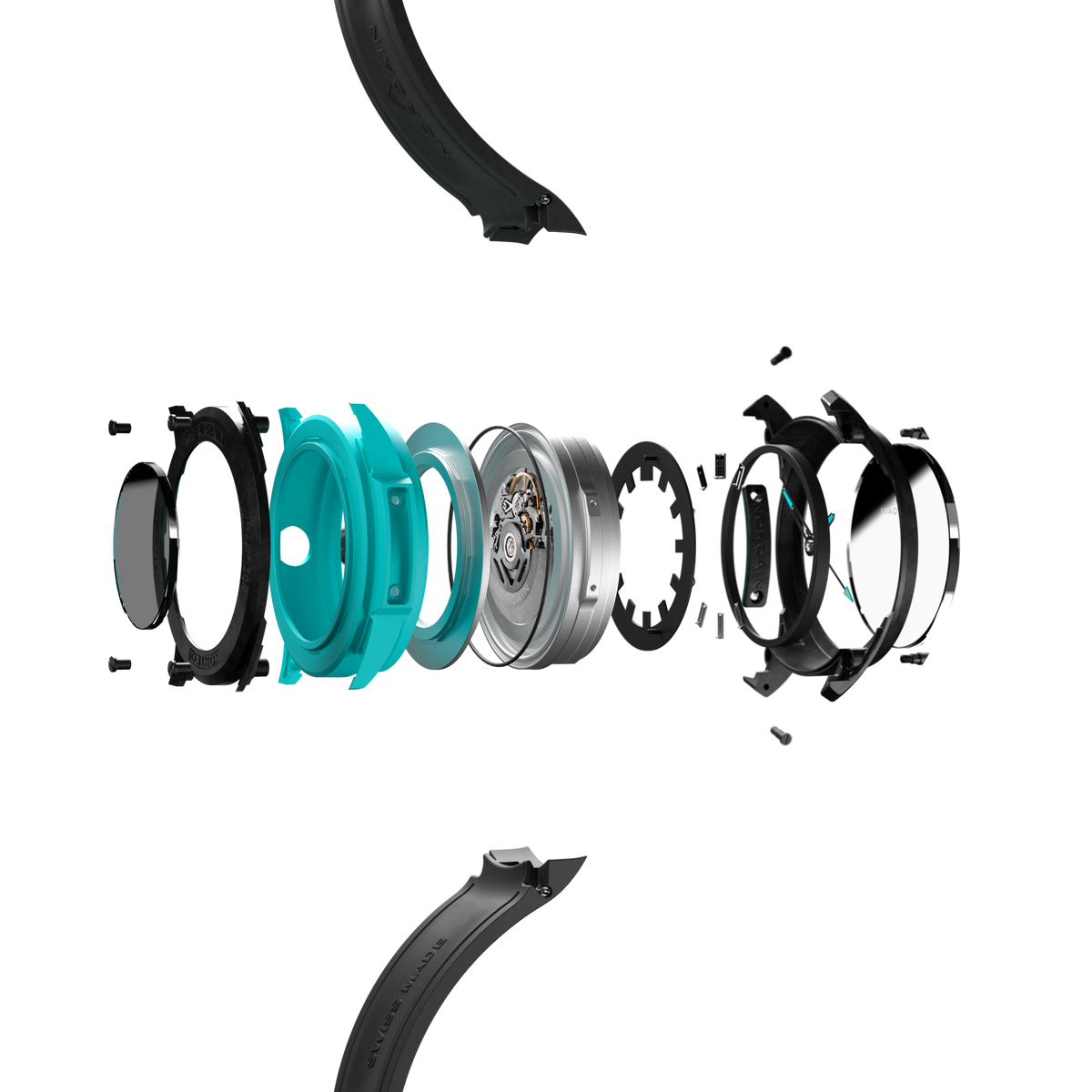 Watch components including a black strap, turquoise band, and metal casing on a white background