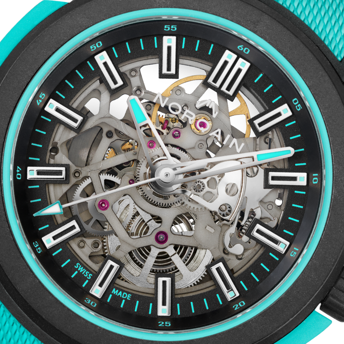 Close-up of the Norqain skeleton dial sports watch showcasing exposed mechanical components, turquoise accents, black performance case and contemporary luxury design.