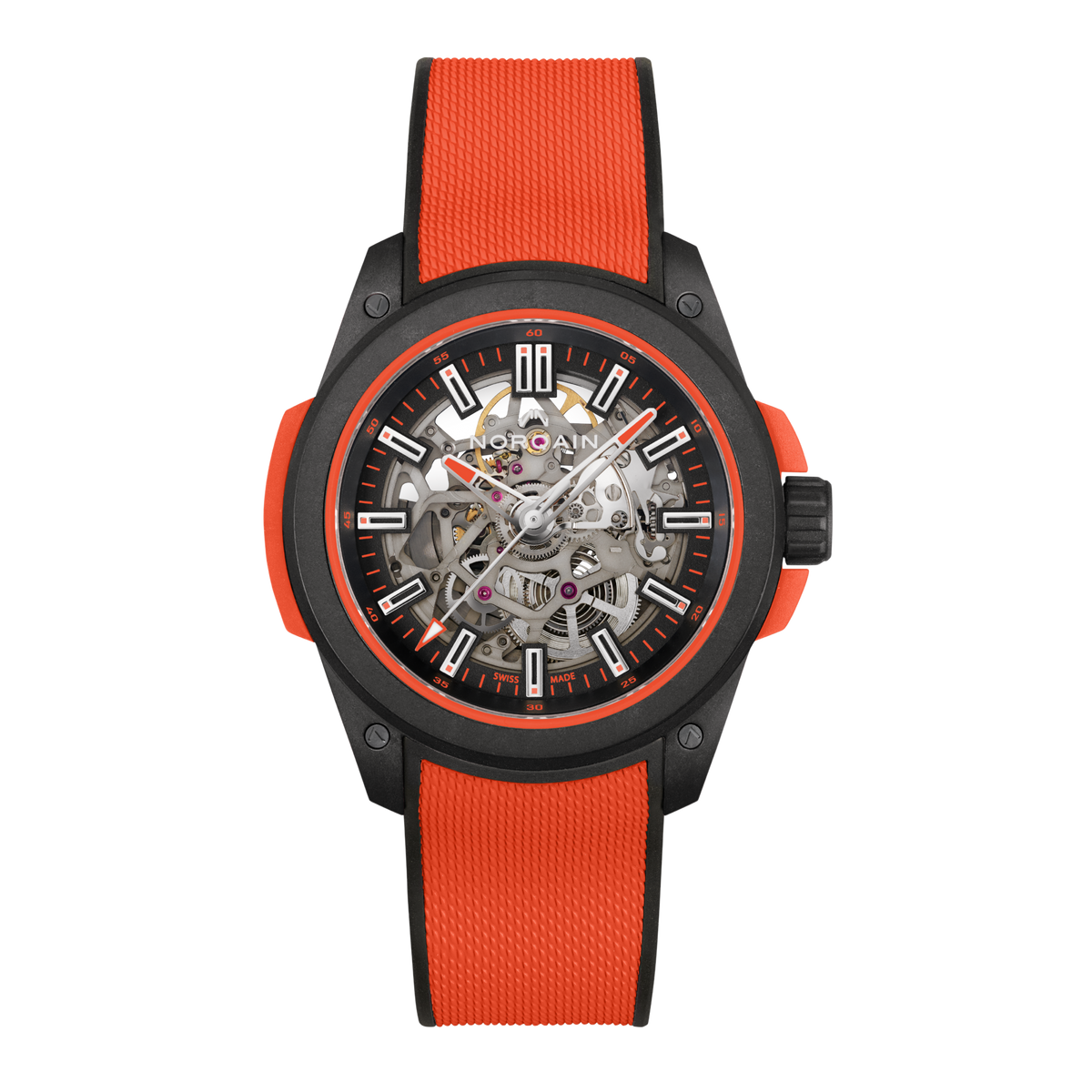 Front view of the Norqain Independence Skeleton Watch featuring a black performance case, bright orange rubber strap, open-worked dial and visible Swiss automatic movement.