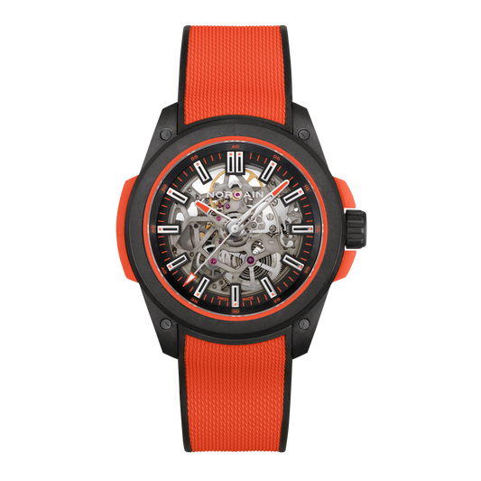 Front view of the Norqain Independence Skeleton Watch featuring a black performance case, bright orange rubber strap, open-worked dial and visible Swiss automatic movement.