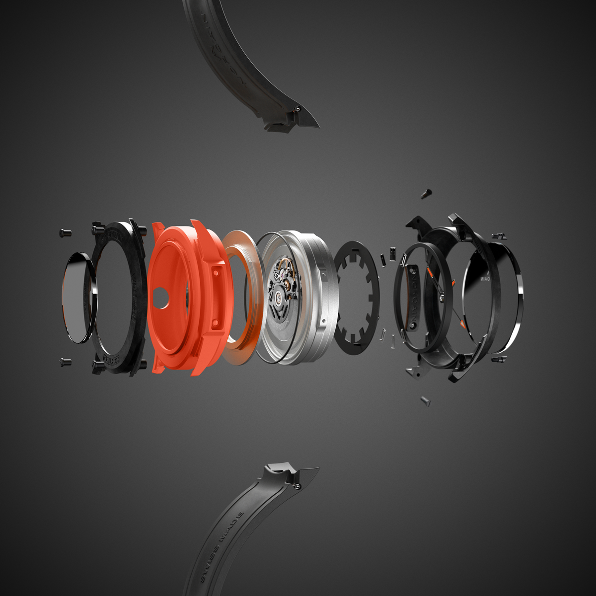 Watch parts including a strap and various metal components on a dark background
