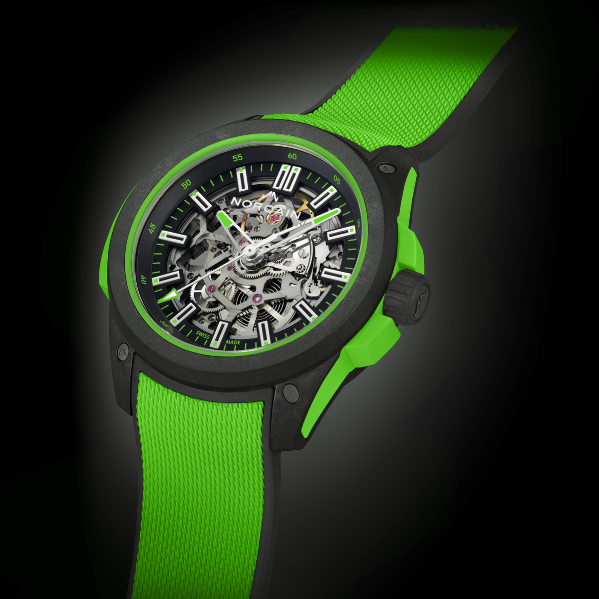 Luxury Norqain skeleton watch with a black DLC-style case, neon green rubber strap, open-worked movement display and contemporary Swiss sports watch design for a standout look.