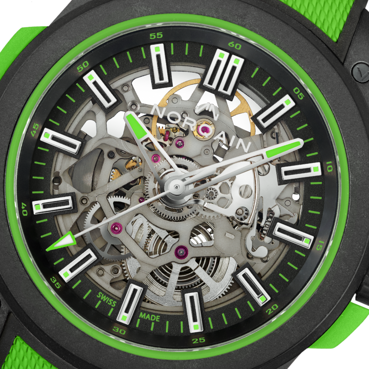 Detailed view of the Norqain Independence Skeleton Automatic with a transparent dial, visible gears and balance wheel, bold green highlights and a durable textured rubber strap.
