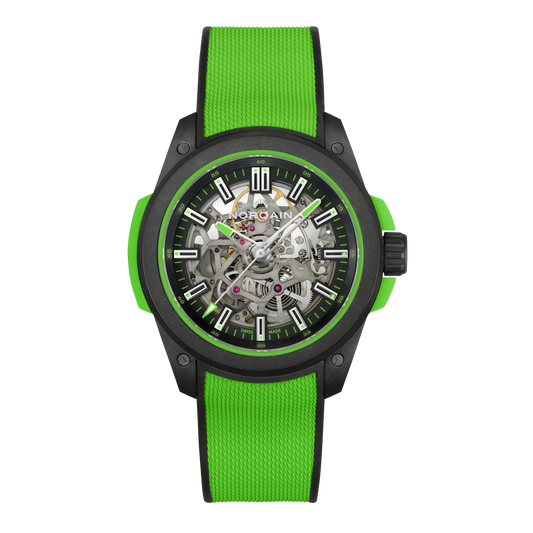 Front view of the Norqain Independence Skeleton Watch featuring a black case, vibrant green rubber strap, open-worked dial and visible Swiss automatic movement.