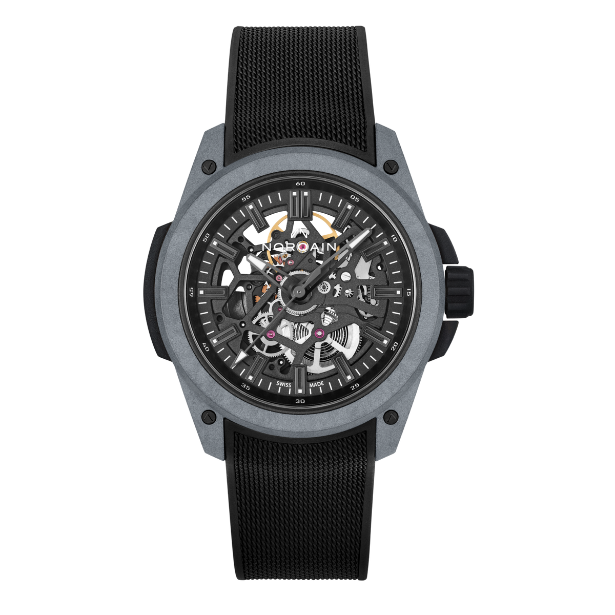 Front view of the Norqain Independence Skeleton Watch featuring a dark grey performance case, black rubber strap, open-worked dial and visible Swiss automatic movement.