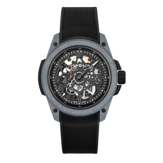 Front view of the Norqain Independence Skeleton Watch featuring a dark grey performance case, black rubber strap, open-worked dial and visible Swiss automatic movement.