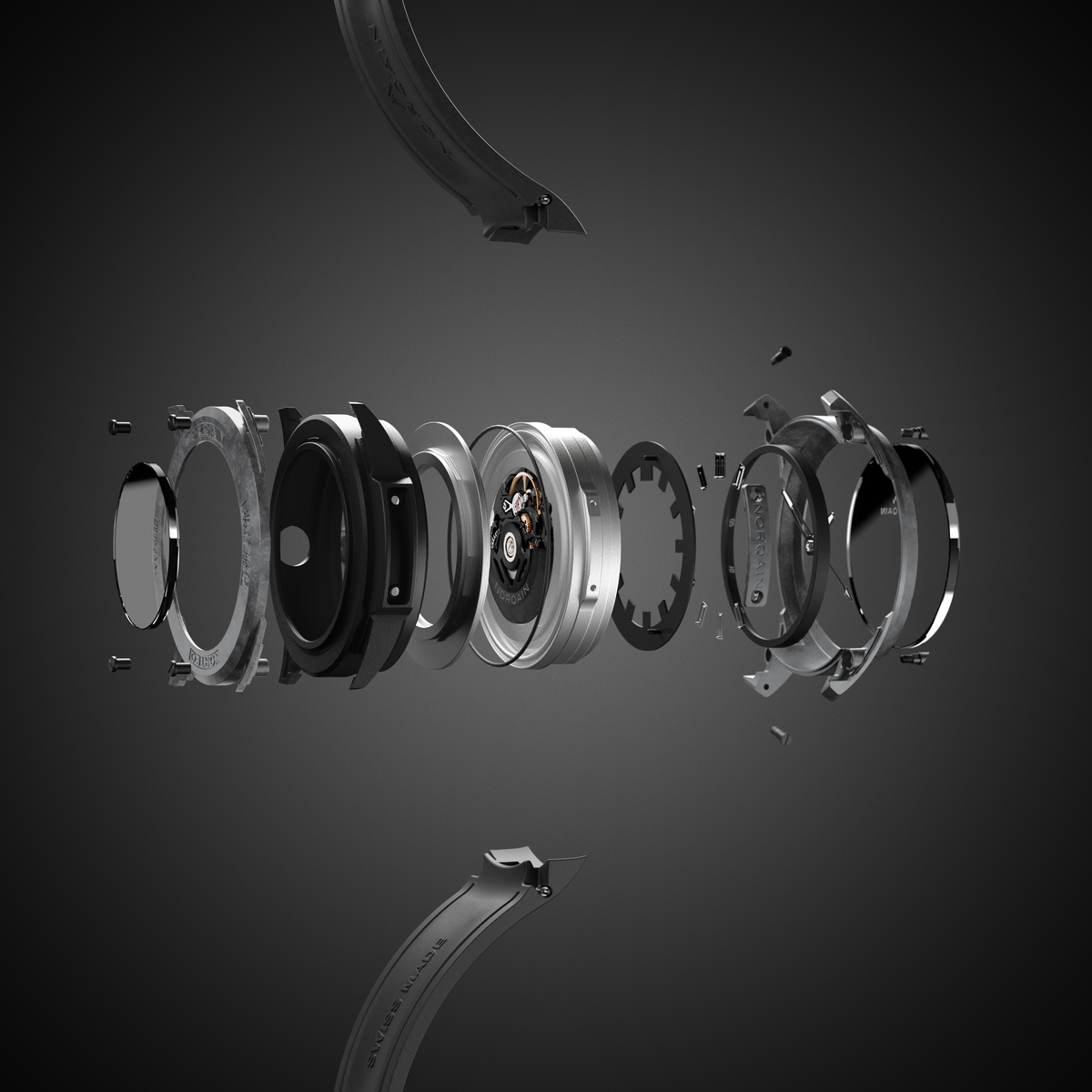 Mechanical components of a norqain wild one watch on a dark background