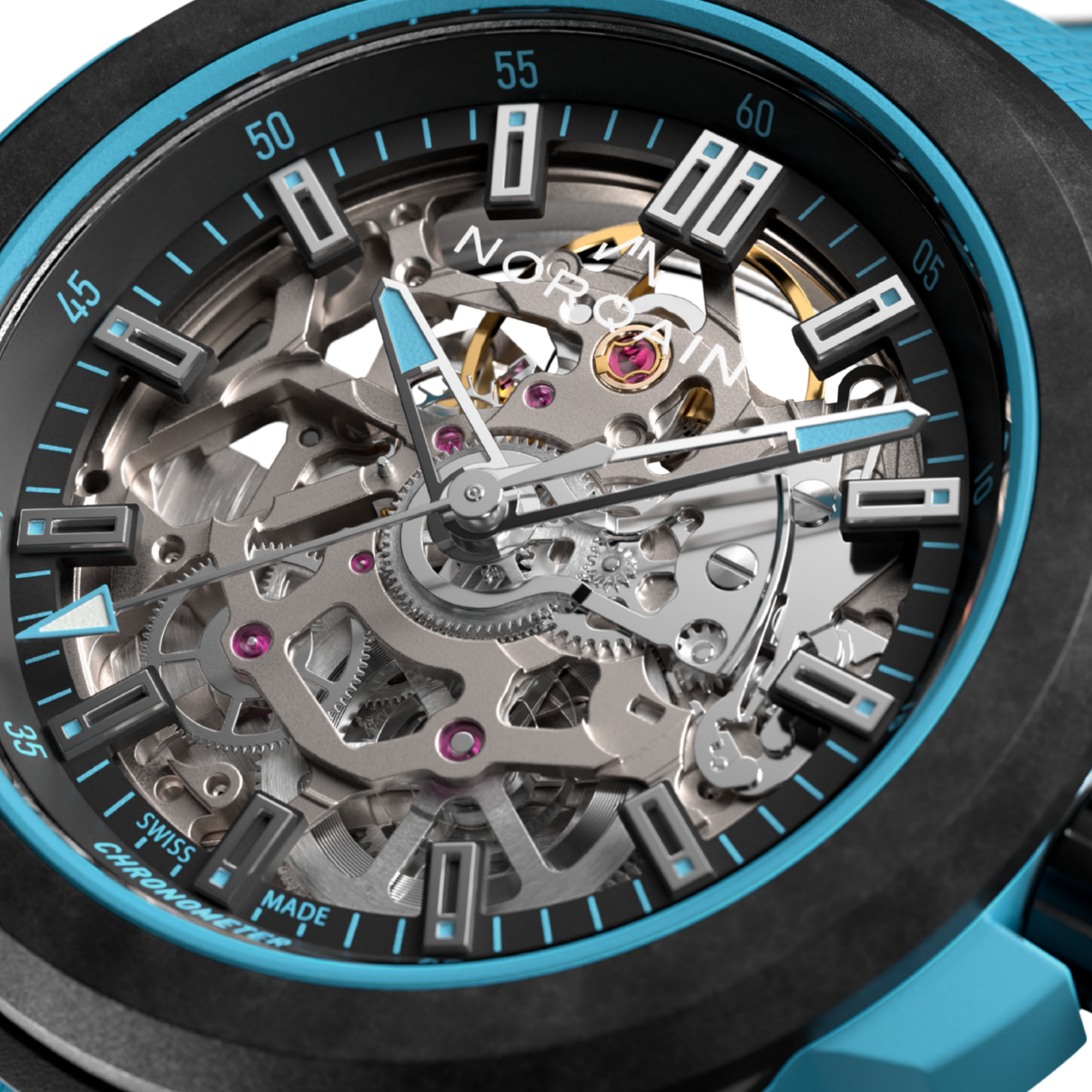 Detailed view of the Norqain skeleton sports watch featuring sky blue accents, exposed mechanical components, black case construction and a contemporary high-performance design.